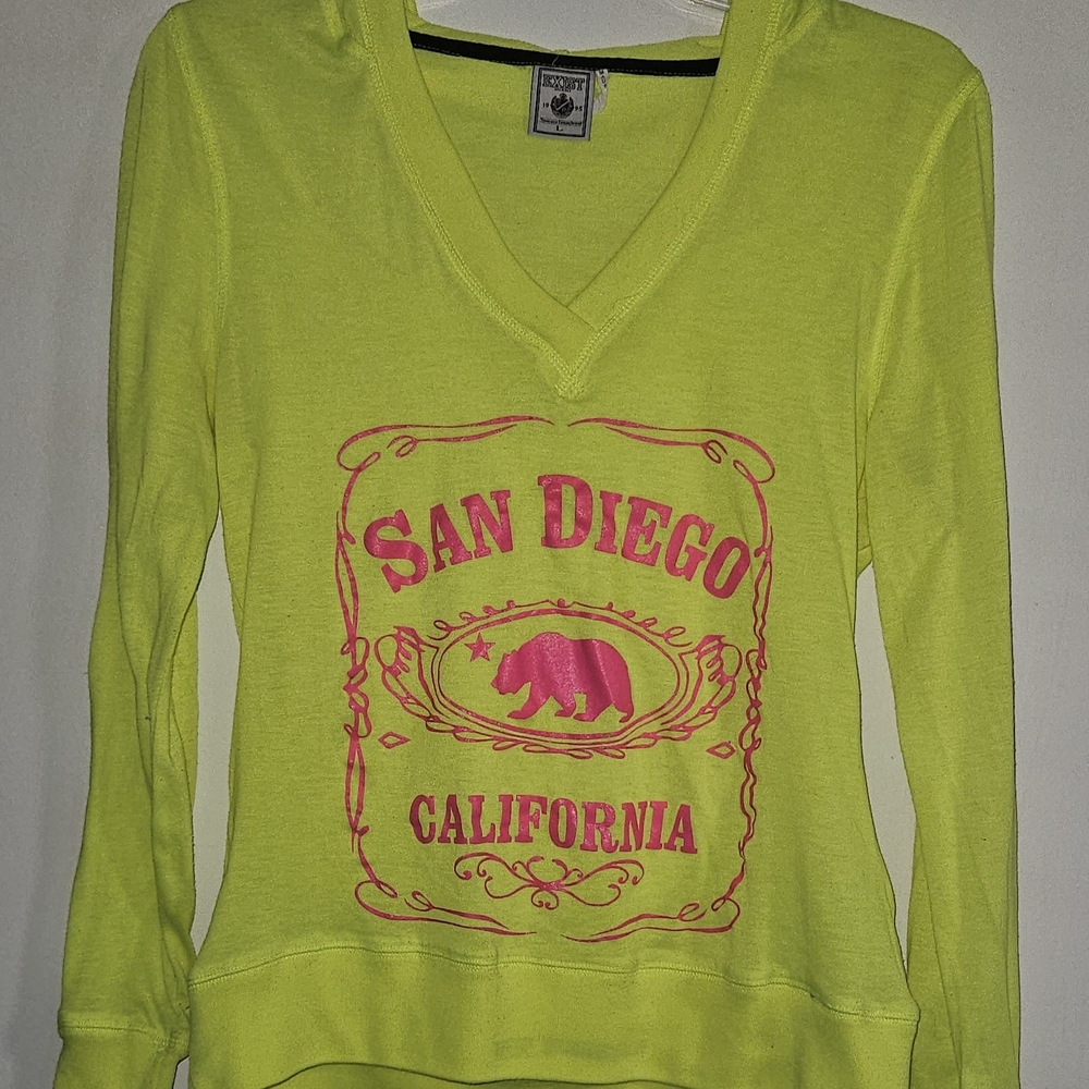 Exist Neon Yellow V-Neck Hoodie with Pink San Diego Graphic